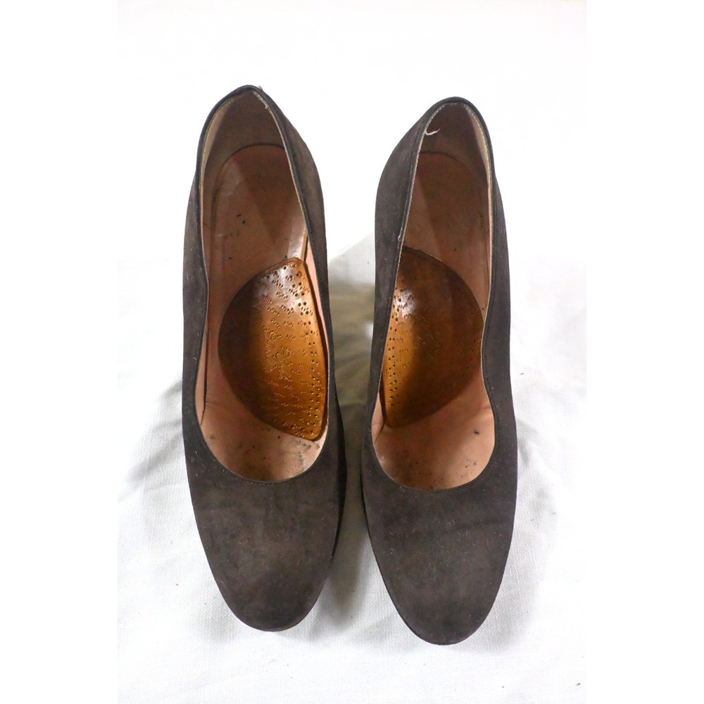 Prada Milano Dark Brown Suede Round Toe Block Heel Pumps Shoes Sz 37 US 7